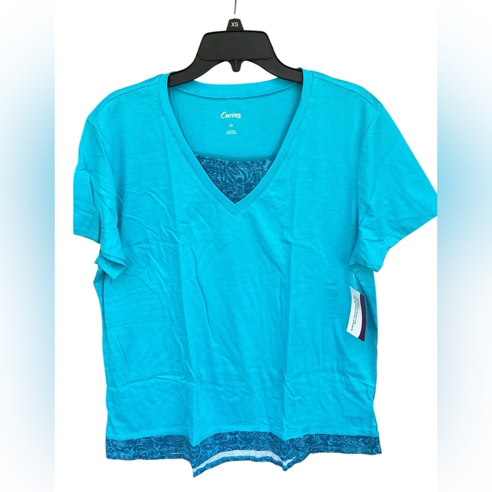 Curves Turquoise V-Neck T-Shirt with Patterned Trim Women’s Size 2X - NWT